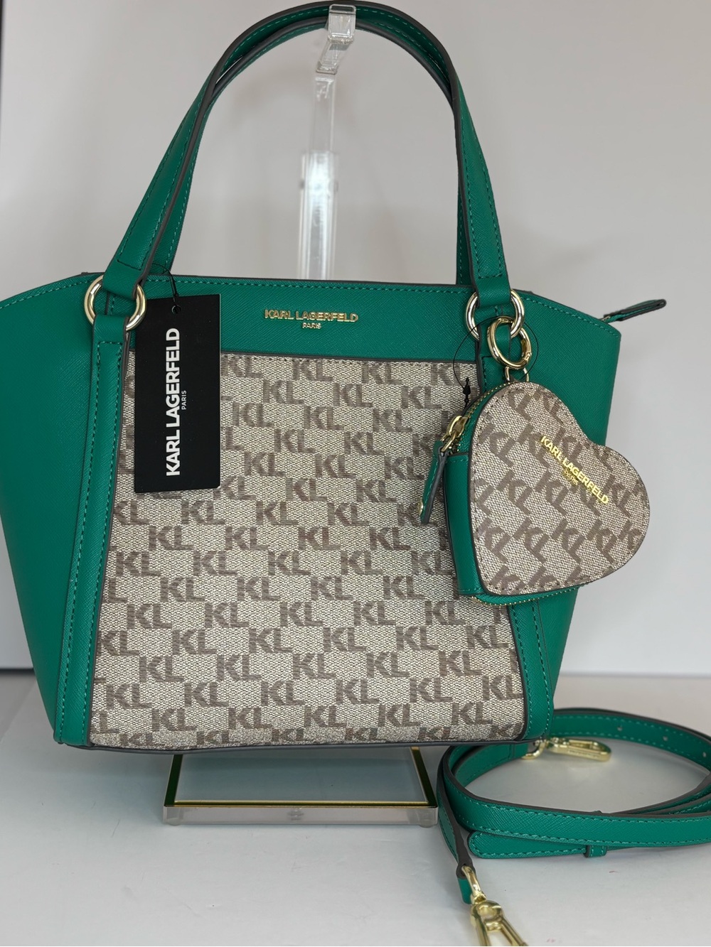 Karl Lagerfeld Teal and Beige Logo-Panel Satchel with Heart Charm